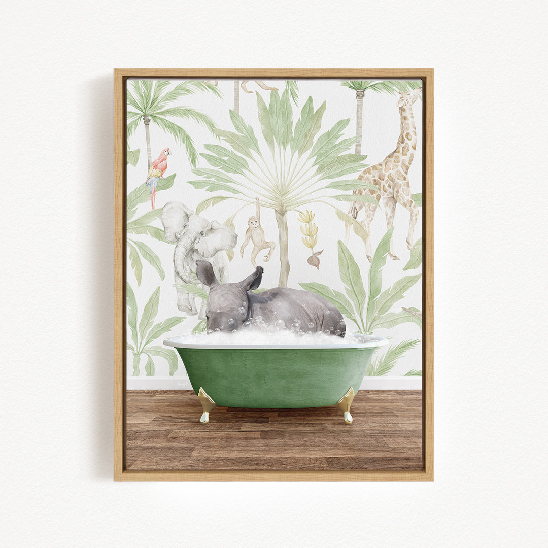 A framed print depicting a giraffe, elephant, and rhinoceros bathing in a green bathtub, surrounded by a tropical jungle wallpaper.