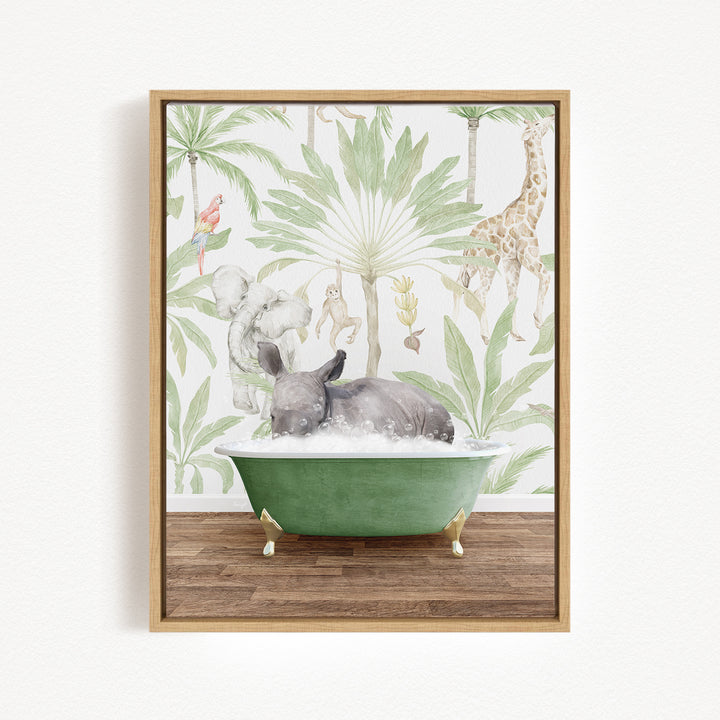 A framed print depicting a giraffe, elephant, and rhinoceros bathing in a green bathtub, surrounded by a tropical jungle wallpaper.