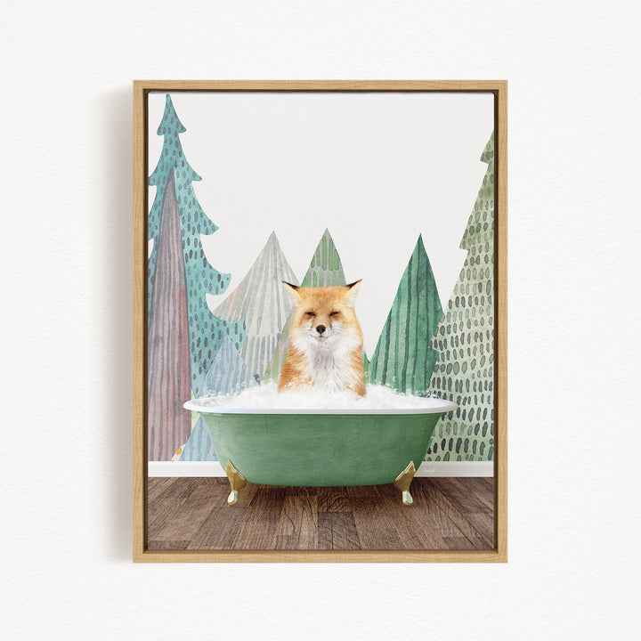 A fox is sitting in a green bathtub, surrounded by stylized pine trees in a forest-like setting.