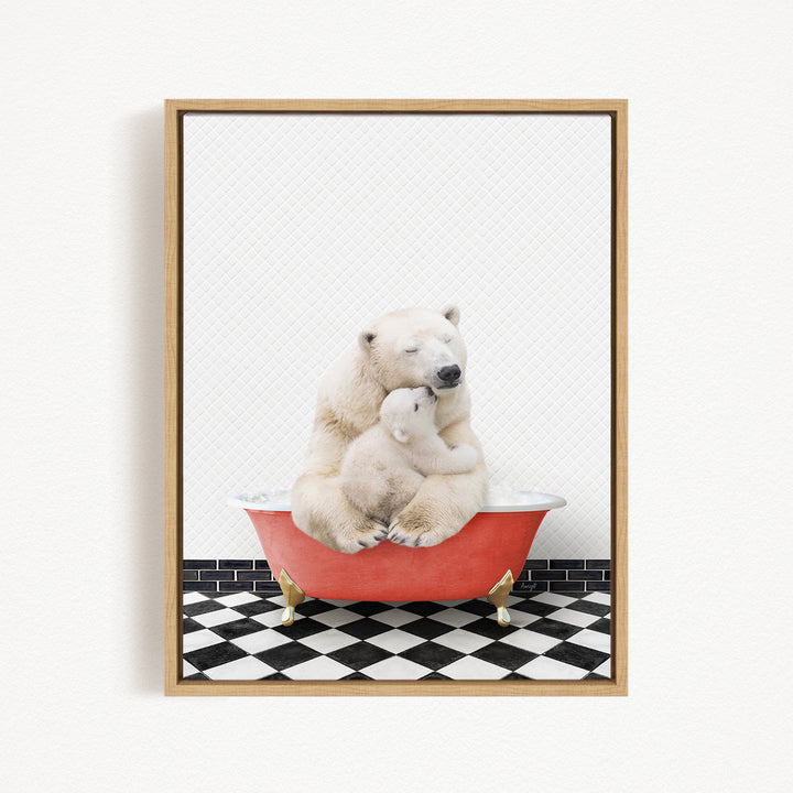 A polar bear and its cub sitting in a red bathtub on a black and white checkered floor.