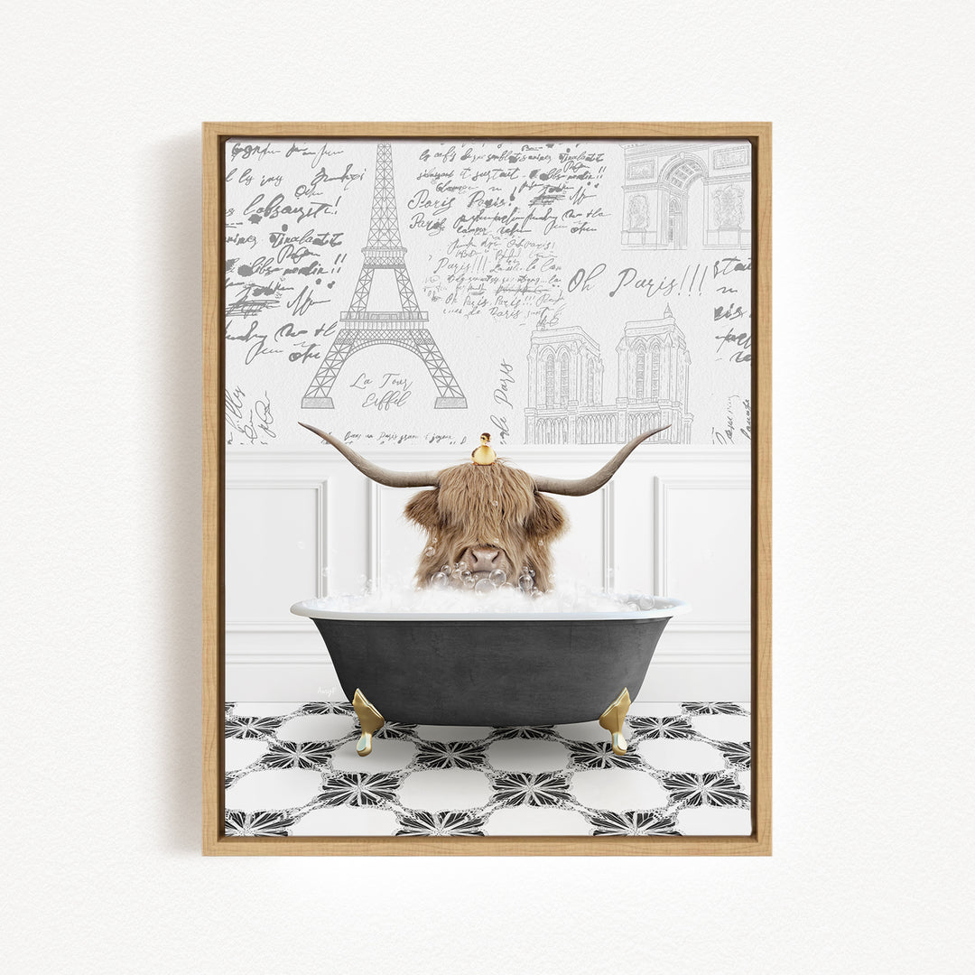 A framed image depicting a cow with horns sitting in a bathtub, surrounded by various architectural drawings and text.