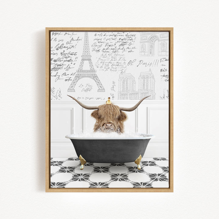 A framed image depicting a cow with horns sitting in a bathtub, surrounded by various architectural drawings and text.