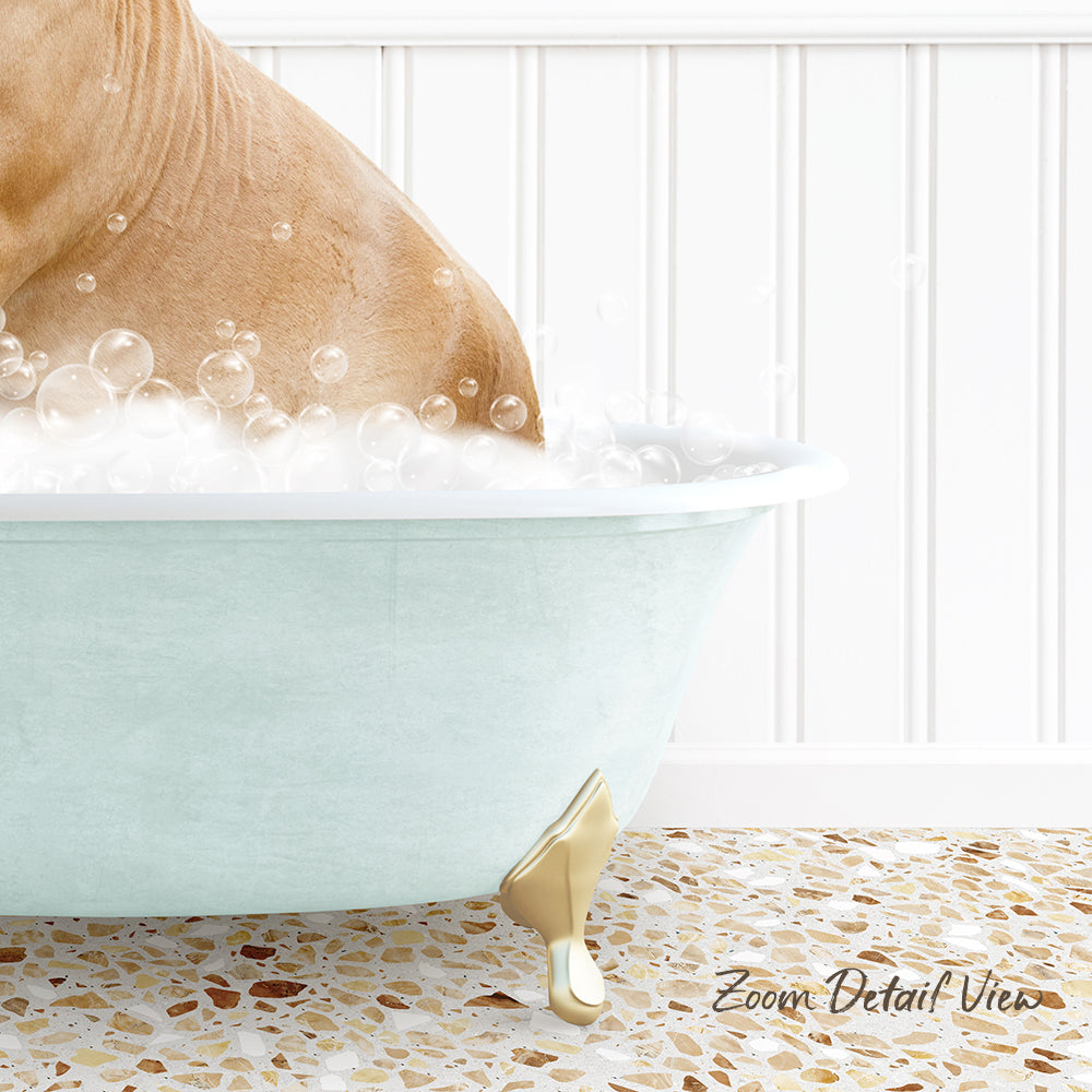 A dog is sitting in a bathtub filled with bubbles, enjoying a relaxing bath.