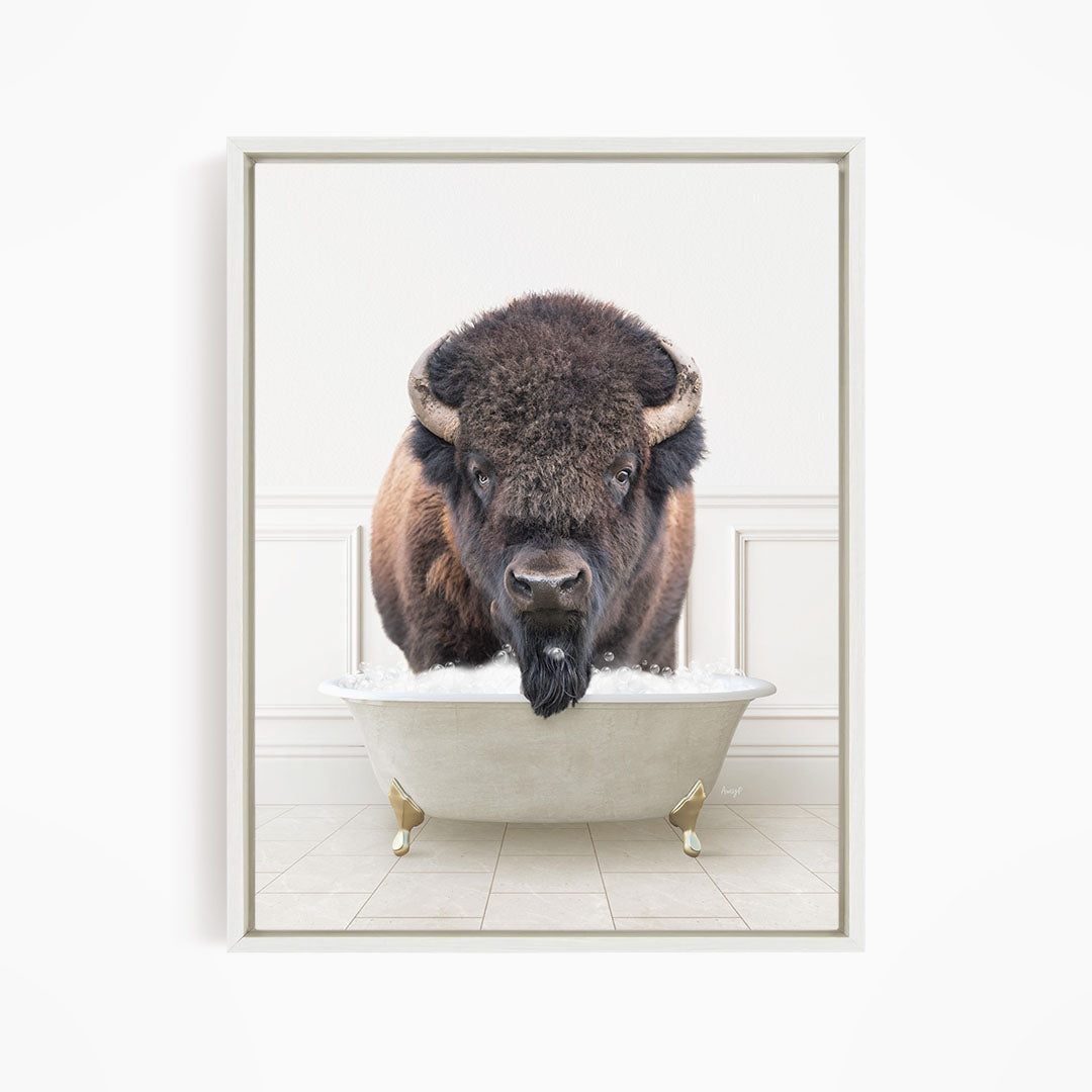 A buffalo with a long beard is standing in a white bathtub filled with water, looking directly at the camera.