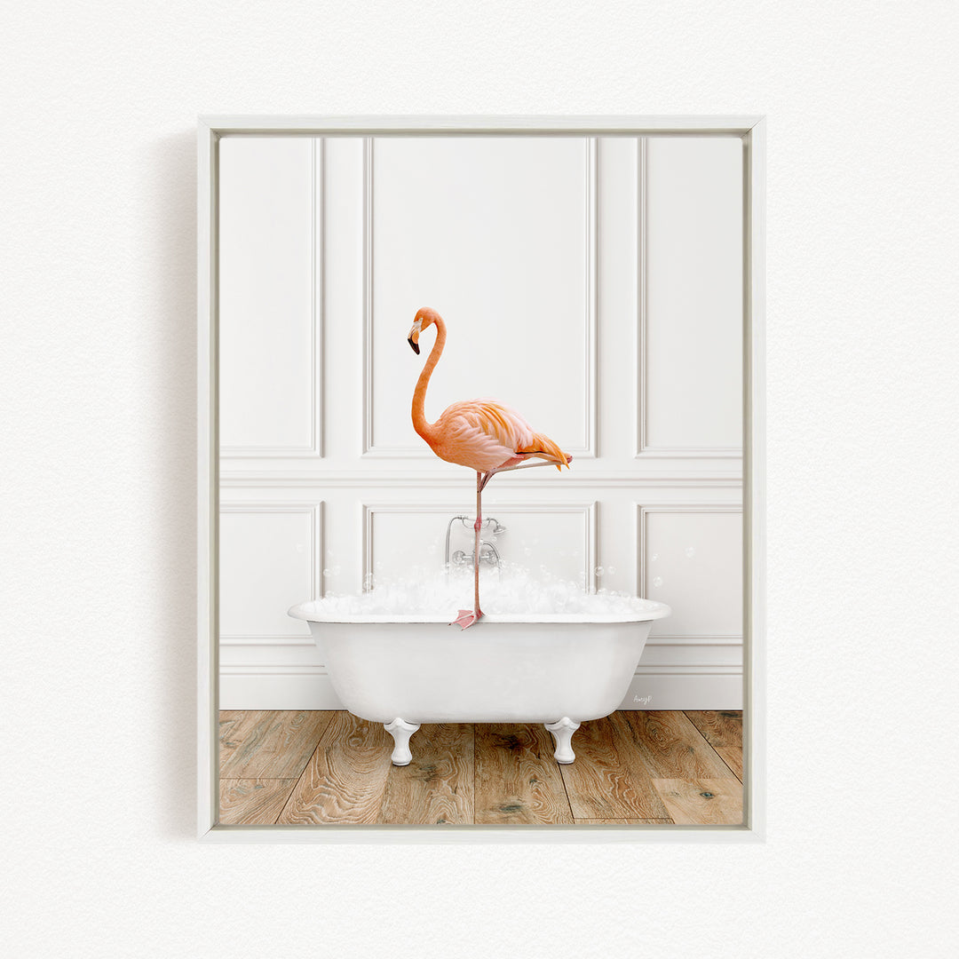 A vibrant orange flamingo stands on the edge of a white bathtub filled with water, creating a whimsical and playful scene.