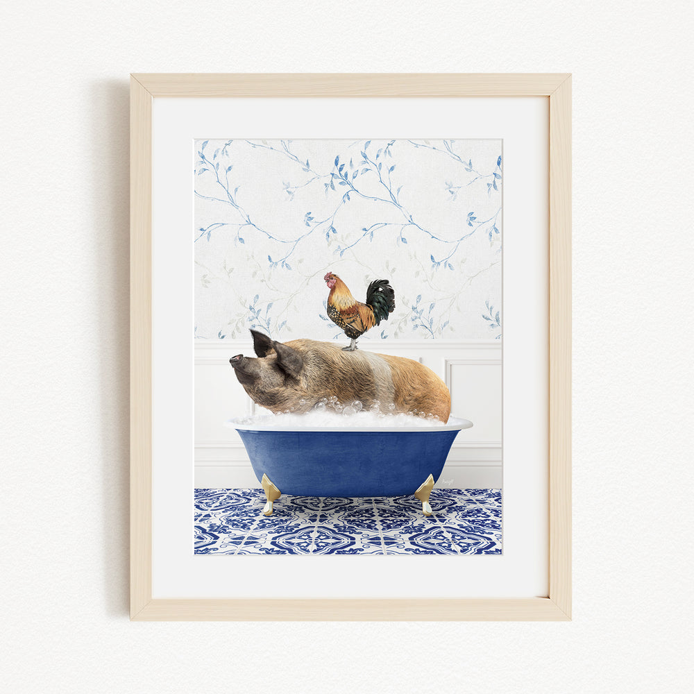 A rooster sits atop a pig in a blue bathtub, surrounded by a blue and white patterned floor.