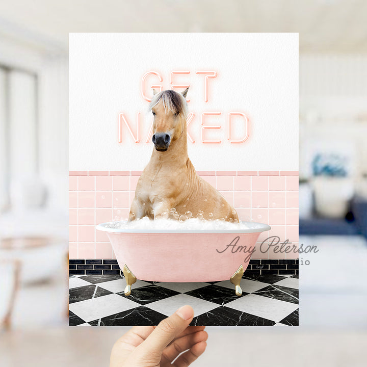 a person holding up a card with a horse in a bathtub