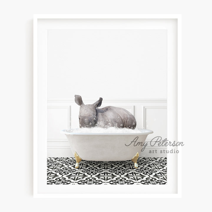 a rhino in a bathtub with a black and white background