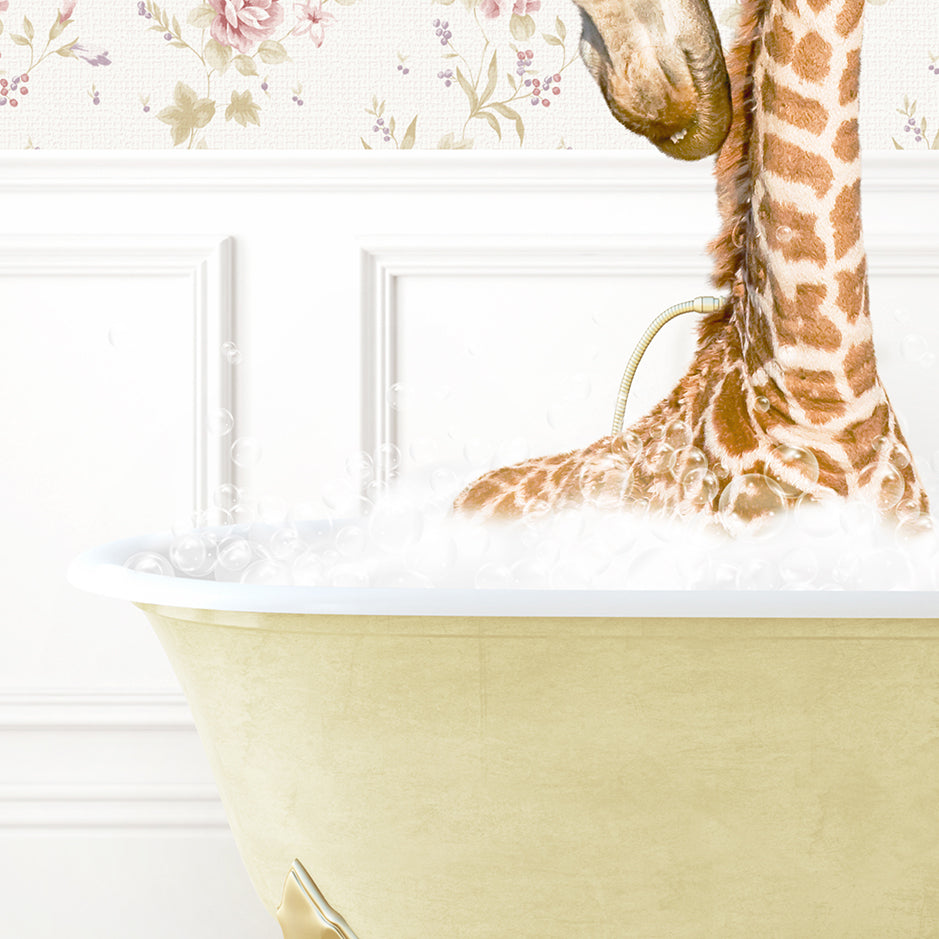 a baby giraffe in a bathtub with its mother