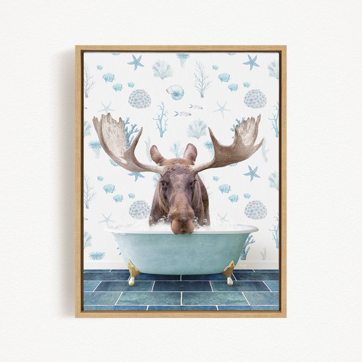 A moose is sitting in a bathtub filled with water, surrounded by a pattern of seashells and starfish.