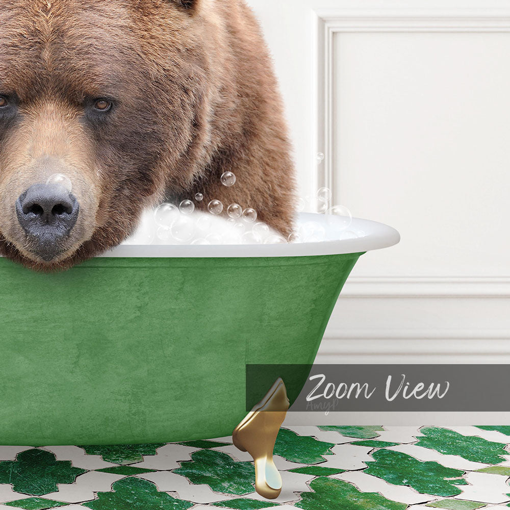 A large brown bear is sitting in a green bathtub filled with bubbles, appearing to enjoy a relaxing bath.