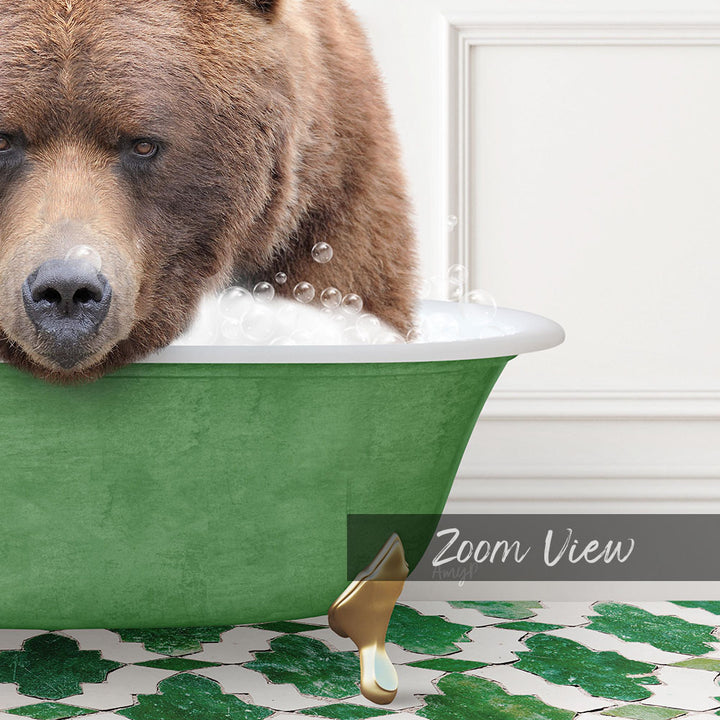 A large brown bear is sitting in a green bathtub filled with bubbles, appearing to enjoy a relaxing bath.