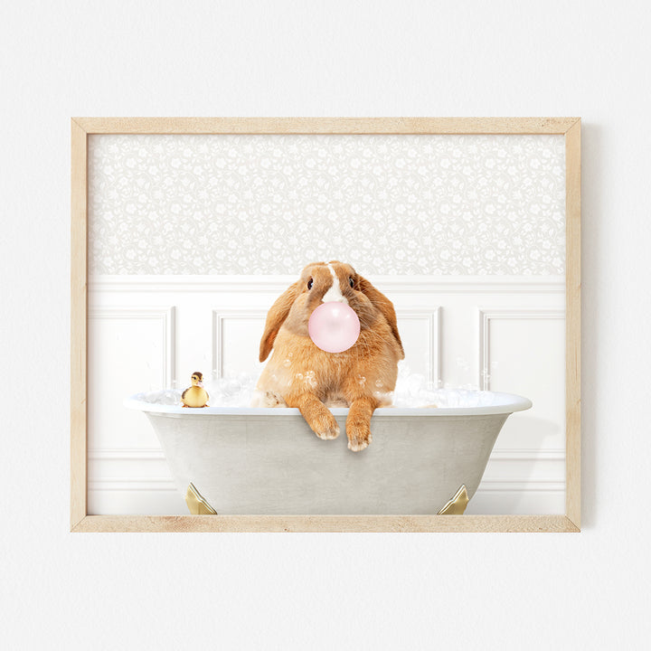 a picture of a bunny in a bathtub with bubble gum