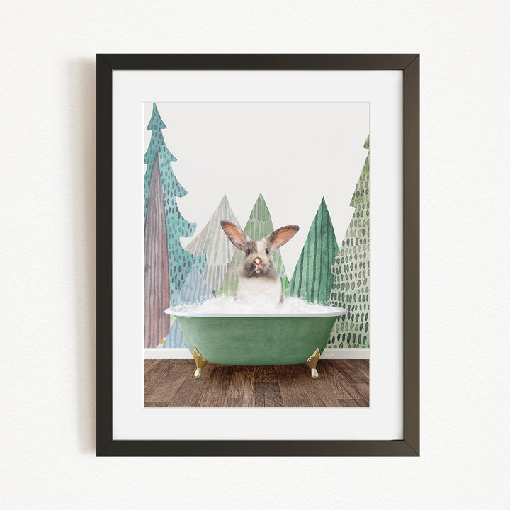 A rabbit sitting in a green bathtub, surrounded by a forest scene with trees and a snowy landscape.