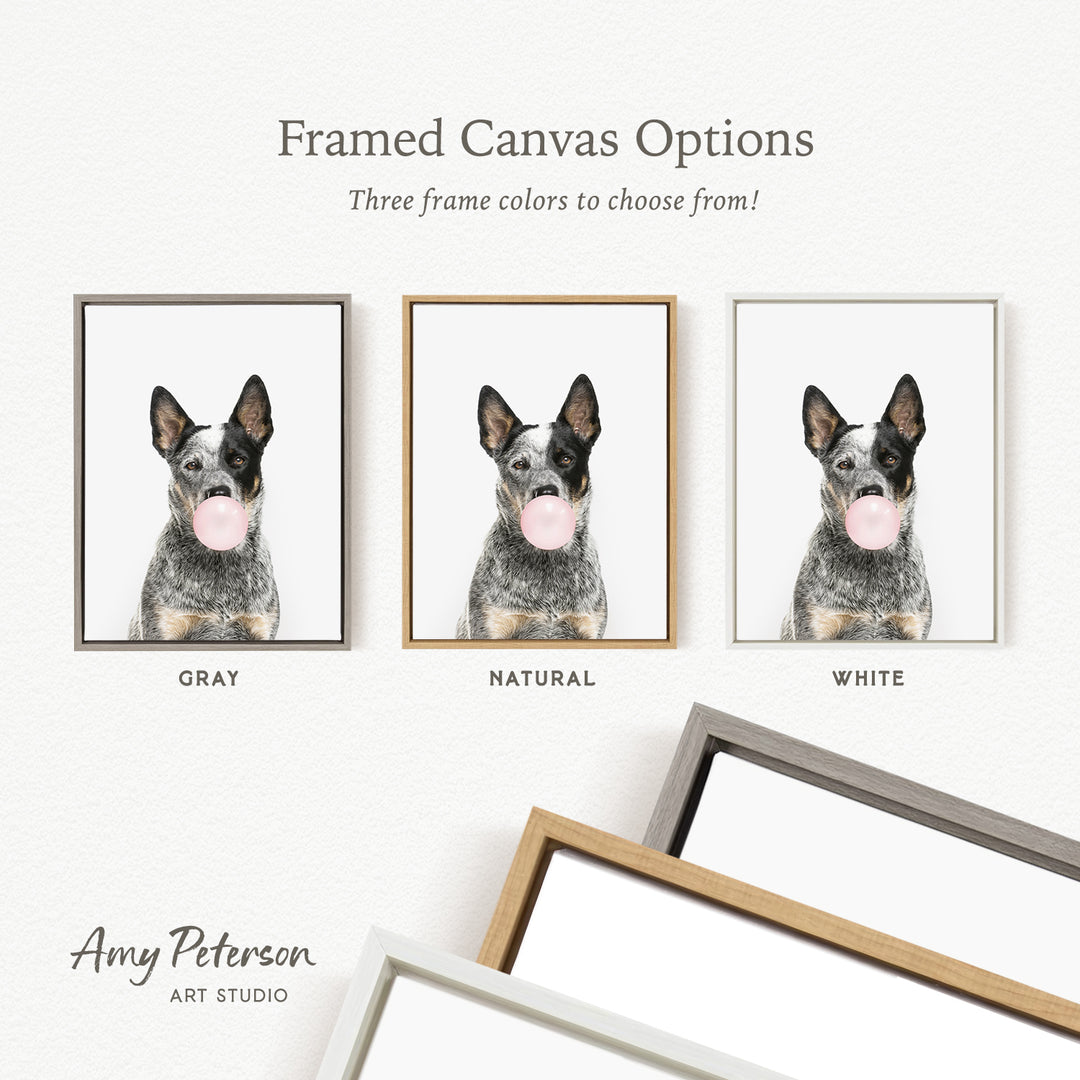 three framed canvas options for a dog, each with a different frame color: gray, natural, and white.