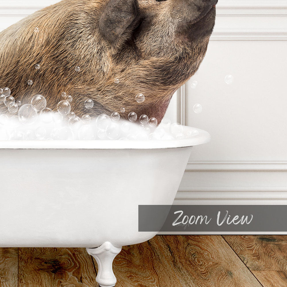 A brown pig is sitting in a white bathtub filled with bubbles, enjoying a bath.