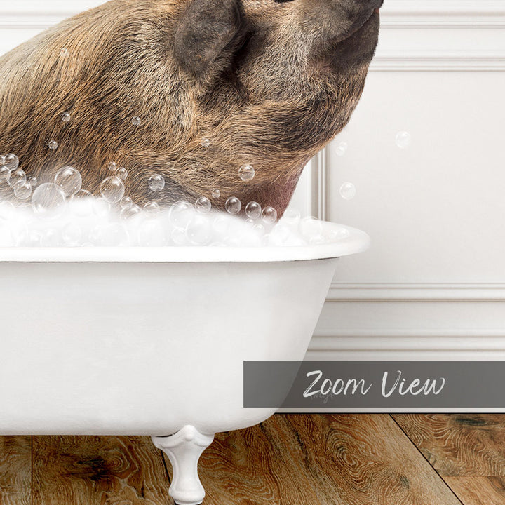 A brown pig is sitting in a white bathtub filled with bubbles, enjoying a bath.