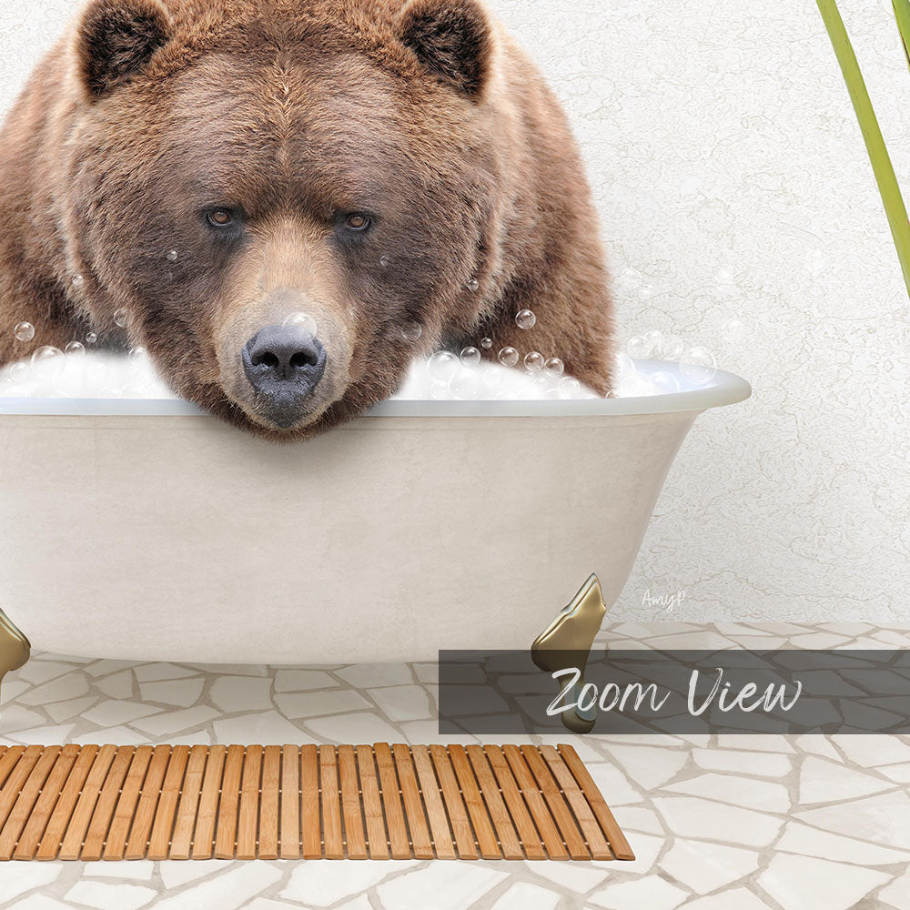 A large brown bear is sitting in a white bathtub filled with water, with bubbles around it, creating a whimsical and playful scene.