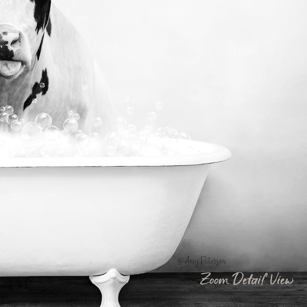 A black and white image of a cow standing in a bathtub filled with bubbles.
