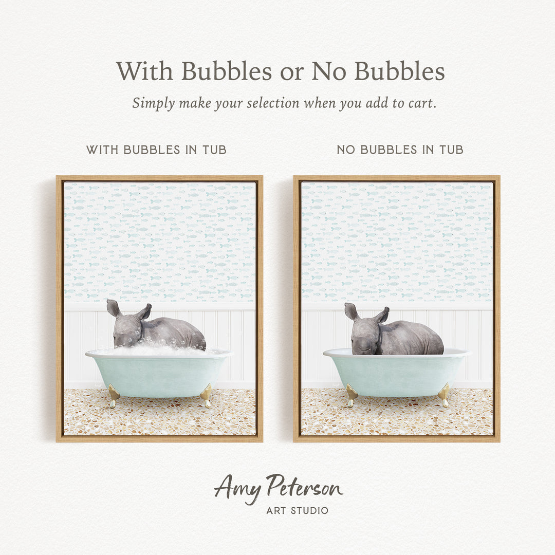 The image is a collage of two framed pictures, each depicting a gray rabbit sitting in a bathtub. The text above the images reads "With Bubbles or No Bubbles" and below the images, it says "Simply make your selection when you add to cart."
