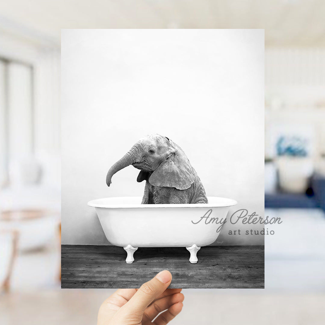 a hand holding up a black and white photo of an elephant in a bathtub