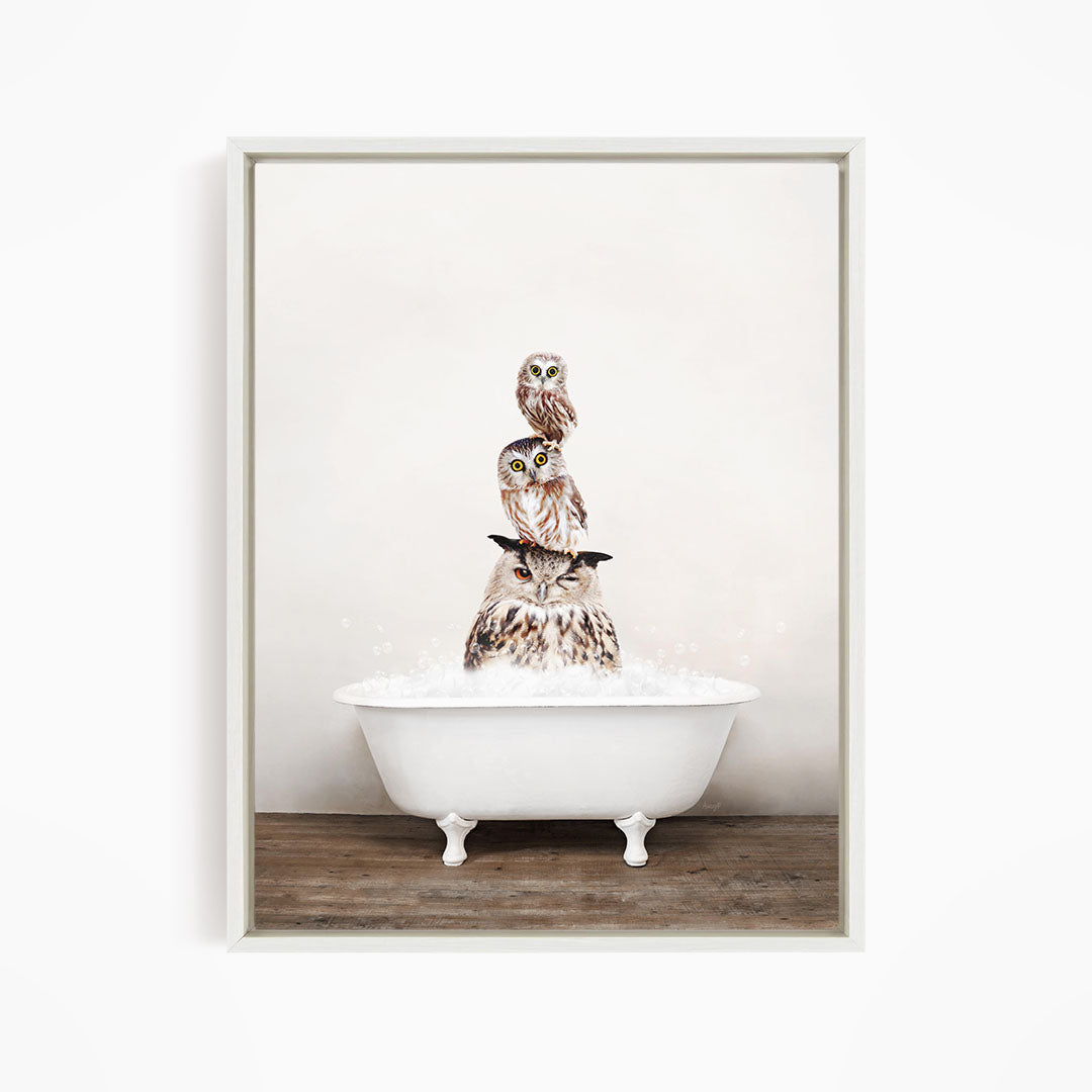 A white bathtub filled with water, with three owls sitting on top of it.