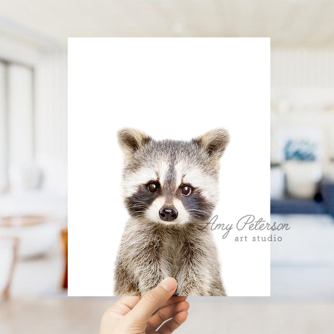 a person holding a picture of a raccoon