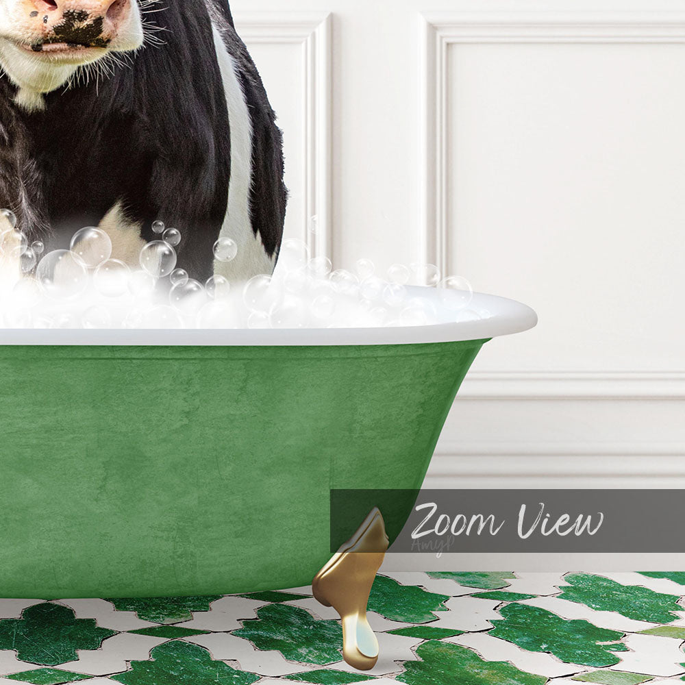 A black and white cow is standing in a green bathtub filled with bubbles, with a gold faucet and a text overlay that reads "Zoom View".