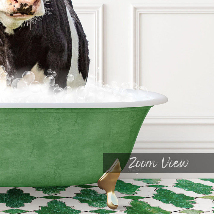 A black and white cow is standing in a green bathtub filled with bubbles, with a gold faucet and a text overlay that reads "Zoom View".