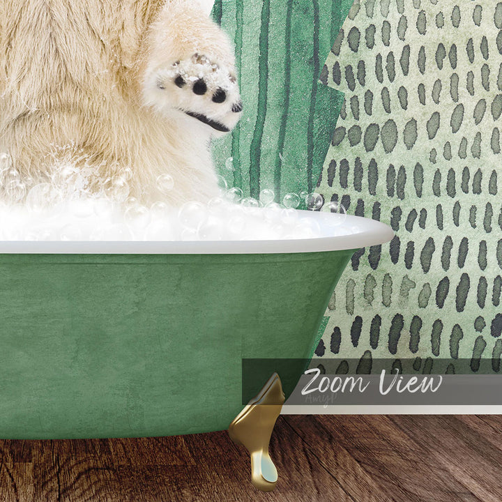 A white dog is standing in a green bathtub filled with bubbles, with a patterned wall in the background.