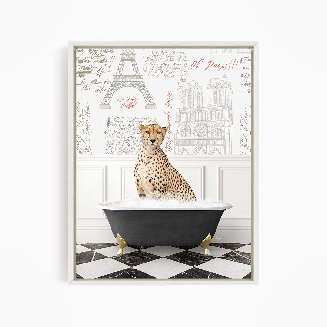 A cheetah sitting in a bathtub filled with water, surrounded by various Paris-themed elements such as the Eiffel Tower and other landmarks.