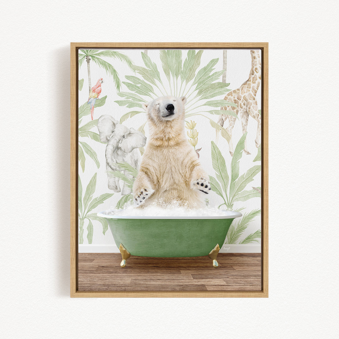 A polar bear sitting in a green bathtub, surrounded by tropical plants and animals, creating a whimsical and playful scene.