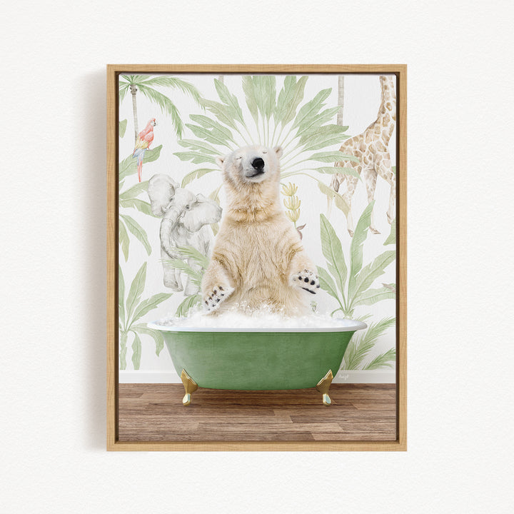 A polar bear sitting in a green bathtub, surrounded by tropical plants and animals, creating a whimsical and playful scene.
