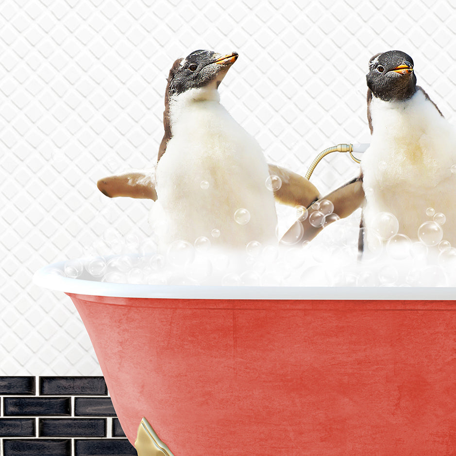 two penguins sitting in a bathtub with bubbles