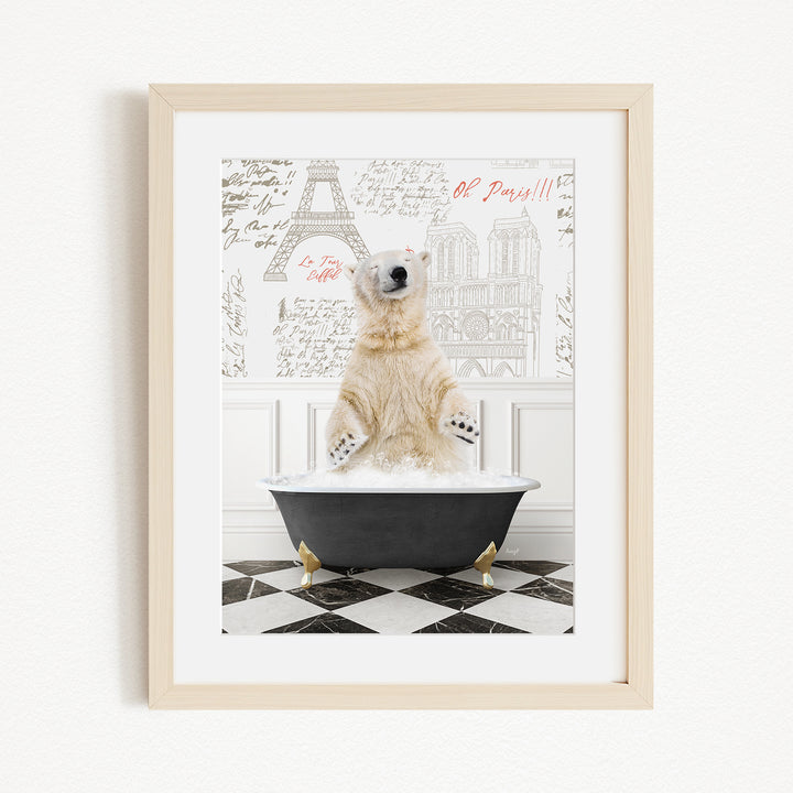 A polar bear standing in a bathtub filled with water, with a Paris-themed background behind it.