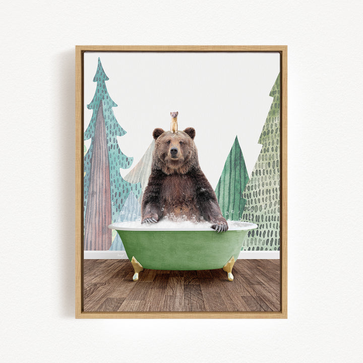 A brown bear sitting in a green bathtub, surrounded by a forest scene with trees and a small bird perched on its head.