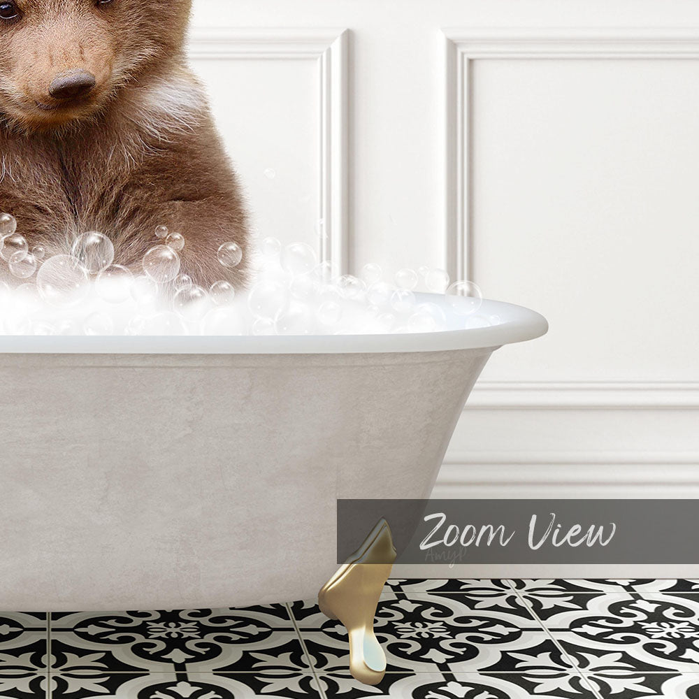 A brown bear is sitting in a white bathtub filled with bubbles, creating a whimsical and playful scene.