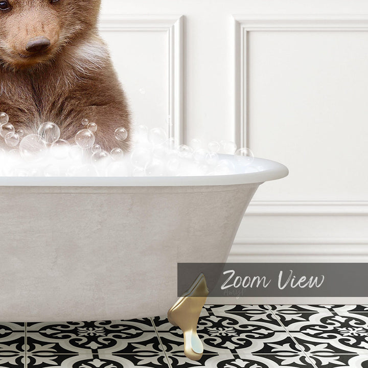 A brown bear is sitting in a white bathtub filled with bubbles, creating a whimsical and playful scene.