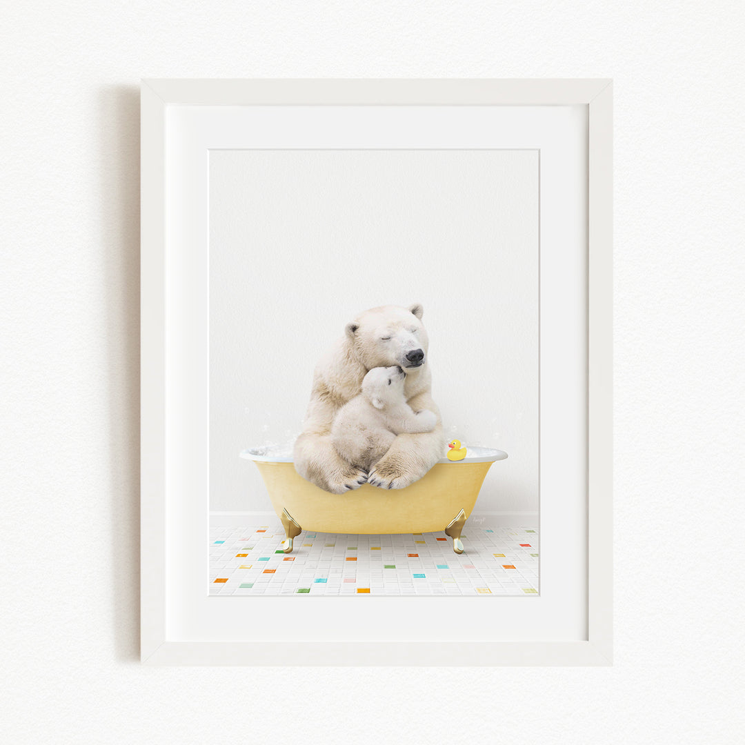 A polar bear and a cub are sitting together in a yellow bathtub, with a rubber duck floating in the water.
