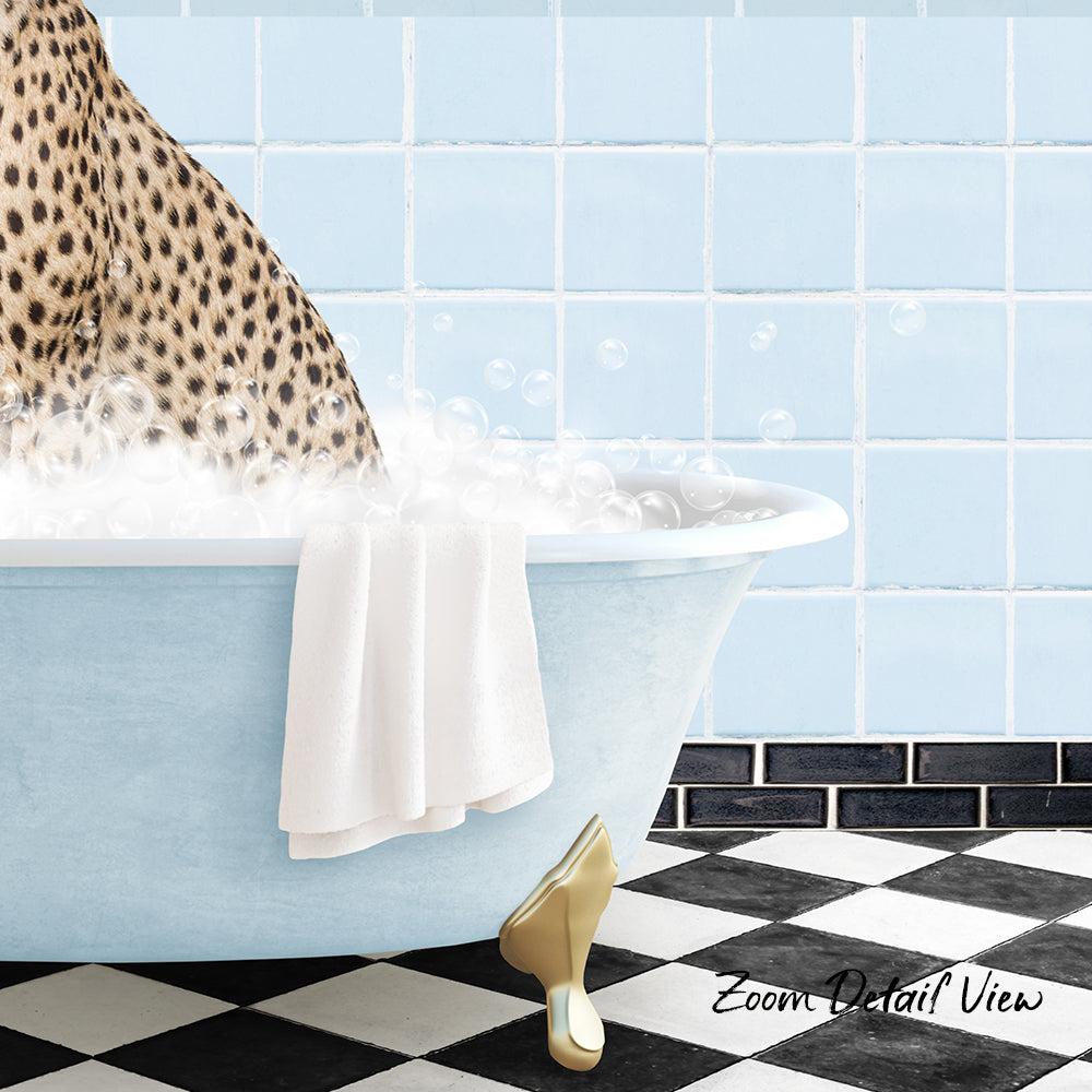 A leopard-print animal is sitting in a blue bathtub filled with bubbles, with a white towel hanging on the side and a checkered black and white floor in the background.