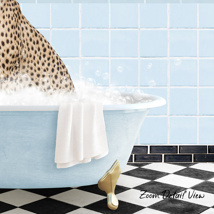 A leopard-print animal is sitting in a blue bathtub filled with bubbles, with a white towel hanging on the side and a checkered black and white floor in the background.