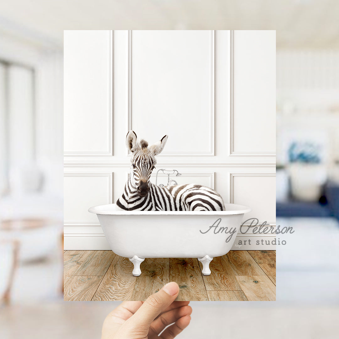 a zebra sitting in a bathtub in a room