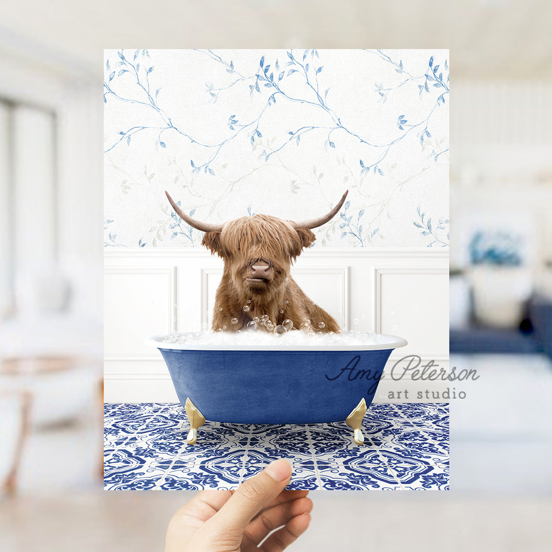 a hand holding up a card with a picture of a dog in a bathtub