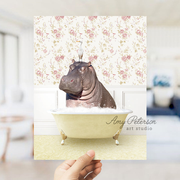 a hippo sitting in a bathtub with a flowered wallpaper behind it