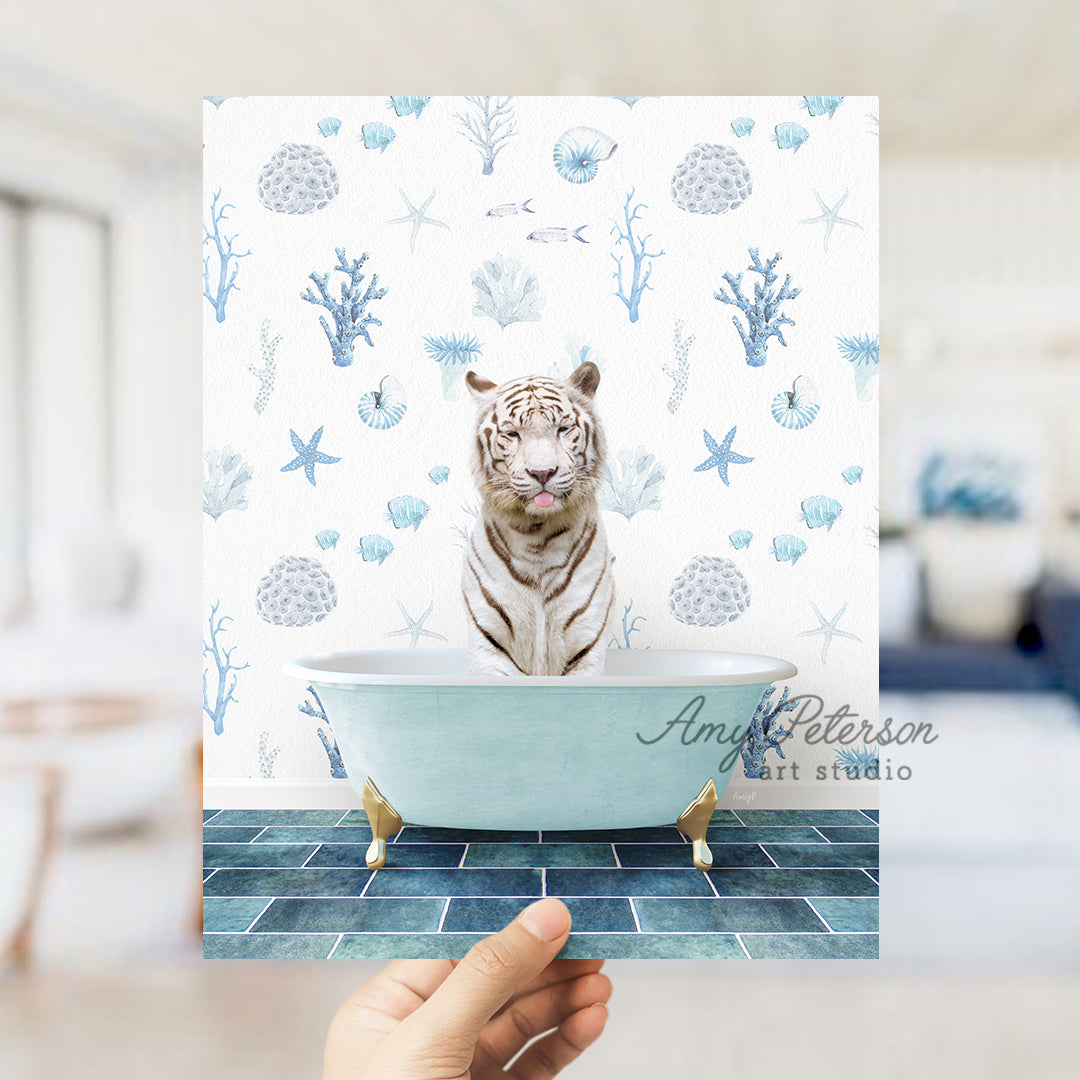 a hand holding up a card with a picture of a tiger in a bathtub