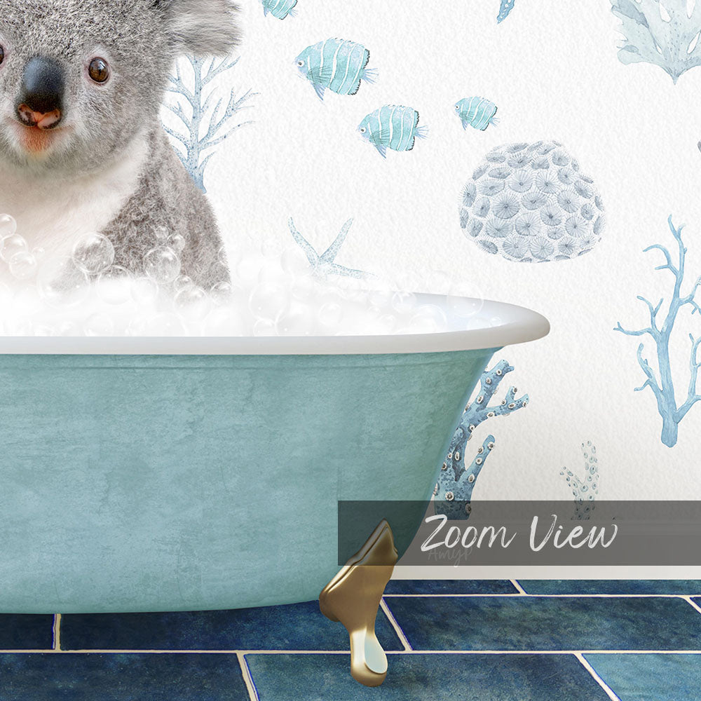 A koala sitting in a bathtub filled with bubbles, surrounded by a blue and white underwater scene with fish and coral.