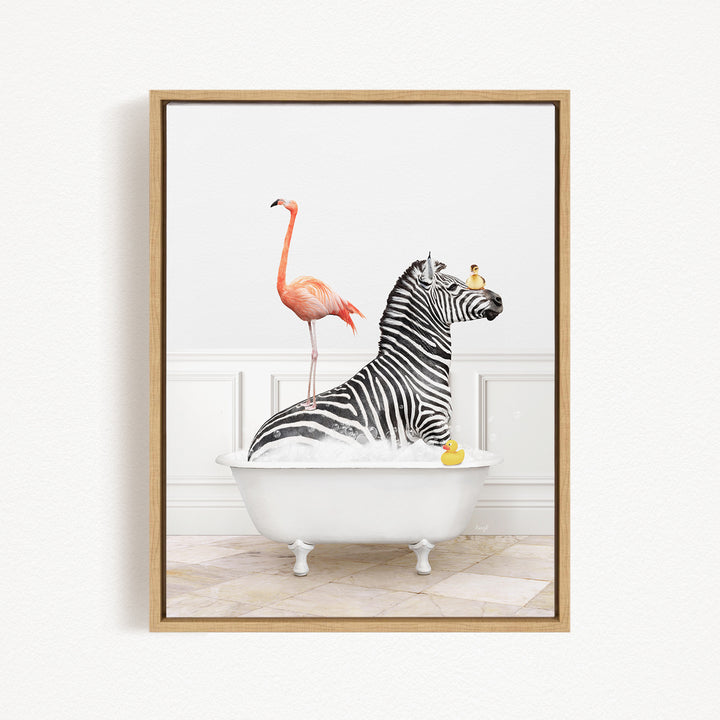 A zebra is sitting in a bathtub filled with water, with a flamingo standing on its back and a yellow rubber duck floating nearby.