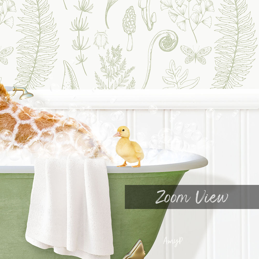 A giraffe is taking a bath in a green bathtub, with a small yellow duck sitting on the edge of the tub.