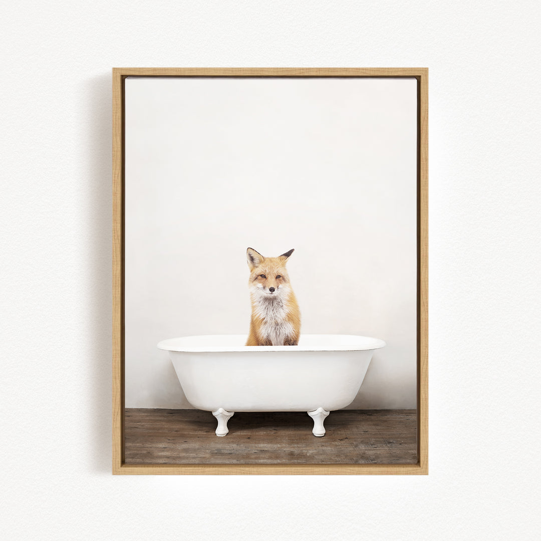 A fox is sitting in a white bathtub against a plain white wall.