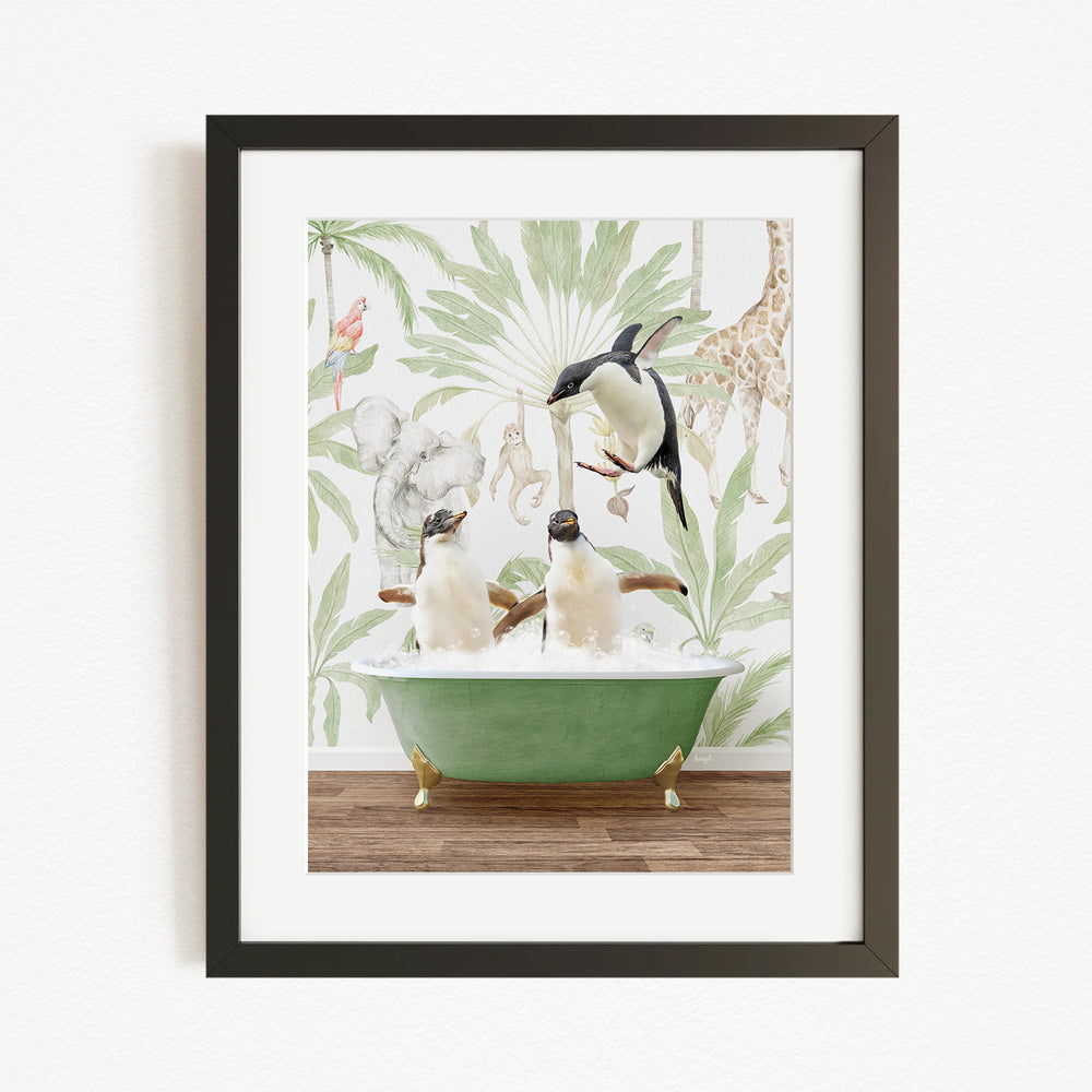 A framed image depicting three penguins sitting in a green bathtub, surrounded by a tropical jungle wallpaper.